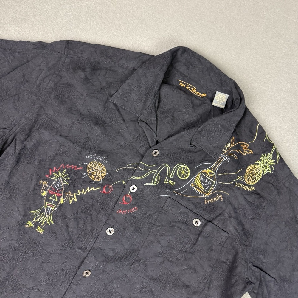 Tori Richard Mens Large Black Silk Embroidered Tiki Martini Camp Shirt